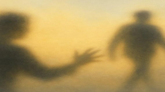 A blurred silhouette of one person reaching toward another walking away