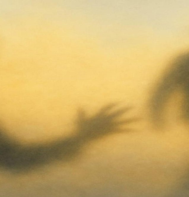 A blurred silhouette of one person reaching toward another walking away
