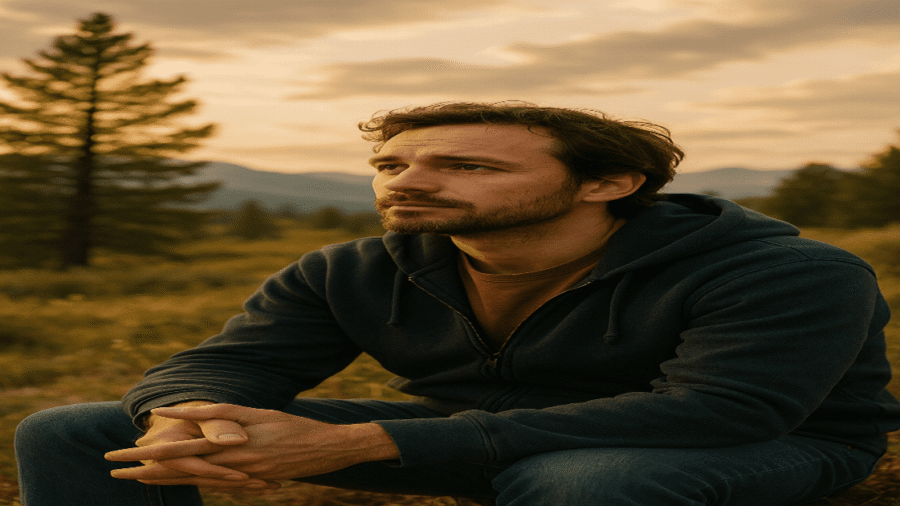 A person sitting in nature, looking contemplative but hopeful
