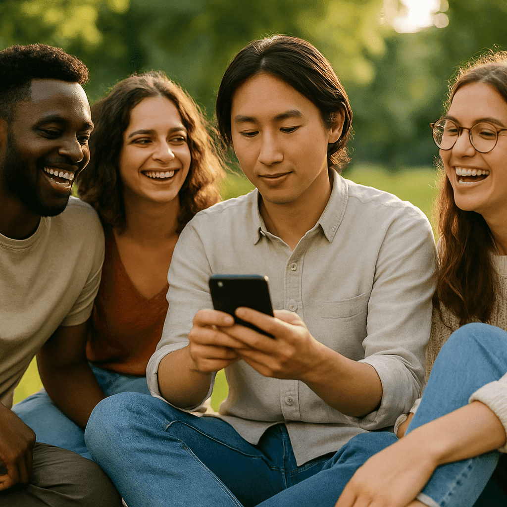 A person smiling while holding their phone, sitting outdoors, with real-life friends around