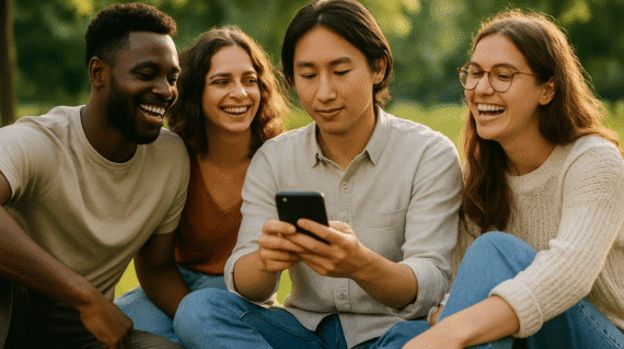 A person smiling while holding their phone, sitting outdoors, with real-life friends around