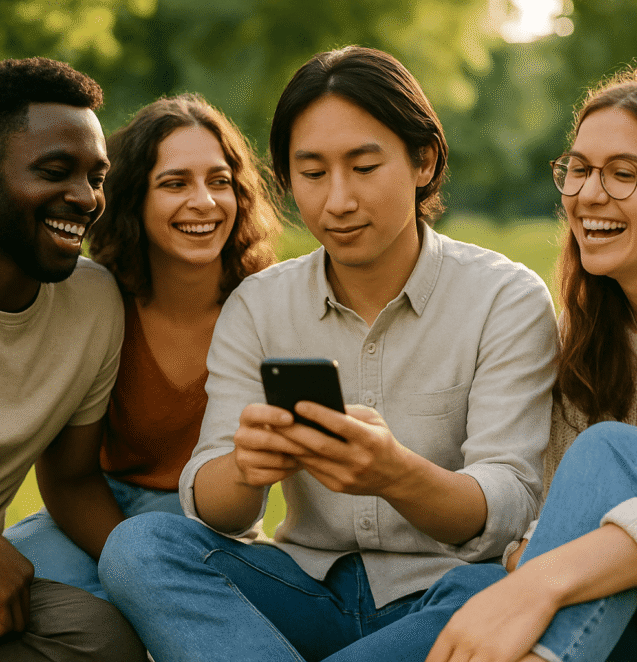 A person smiling while holding their phone, sitting outdoors, with real-life friends around