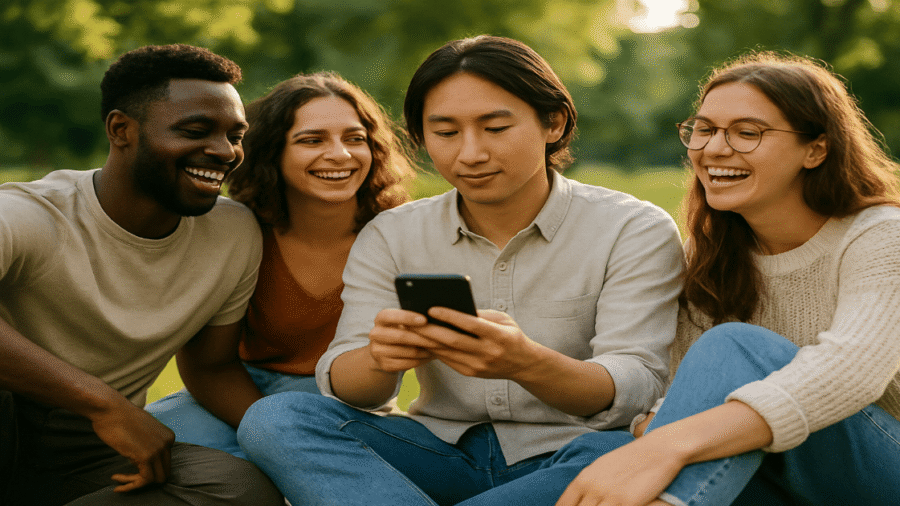 A person smiling while holding their phone, sitting outdoors, with real-life friends around