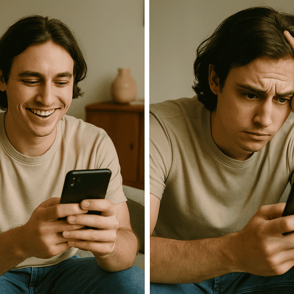 A split-image showing someone happy before using social media and anxious after