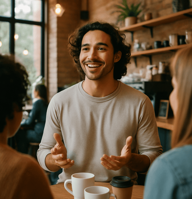 A young adult smiling confidently while speaking to a group in a casual coffee shop setting