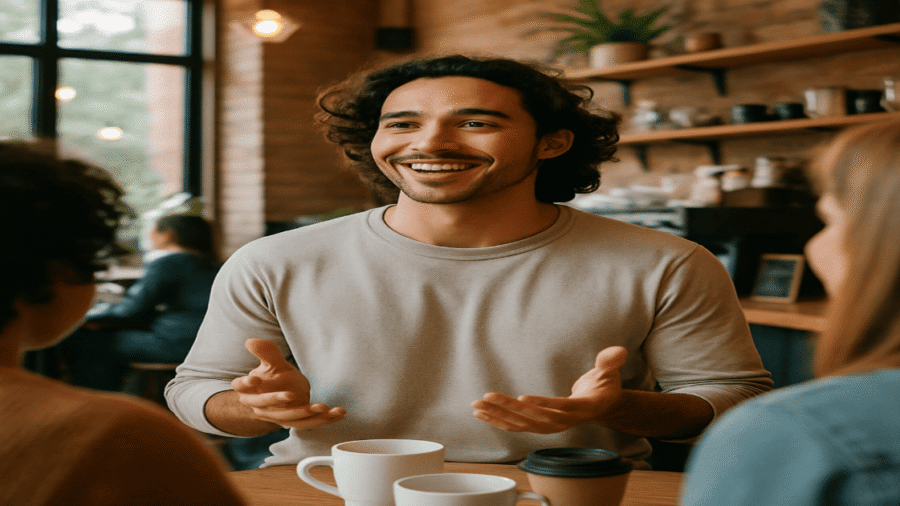 A young adult smiling confidently while speaking to a group in a casual coffee shop setting