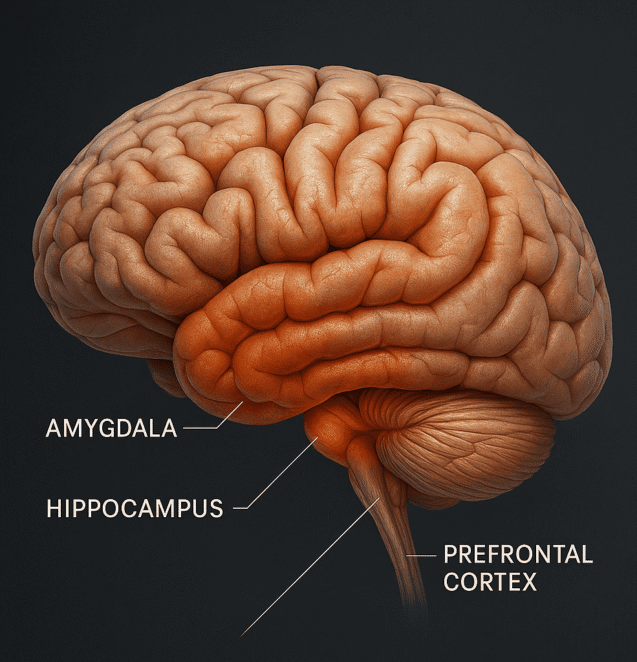 Illustration of the human brain showing specific regions affected by PTSD, including the amygdala, hippocampus, and prefrontal cortex