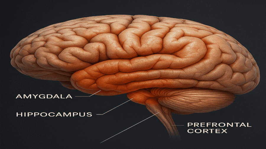 Illustration of the human brain showing specific regions affected by PTSD, including the amygdala, hippocampus, and prefrontal cortex