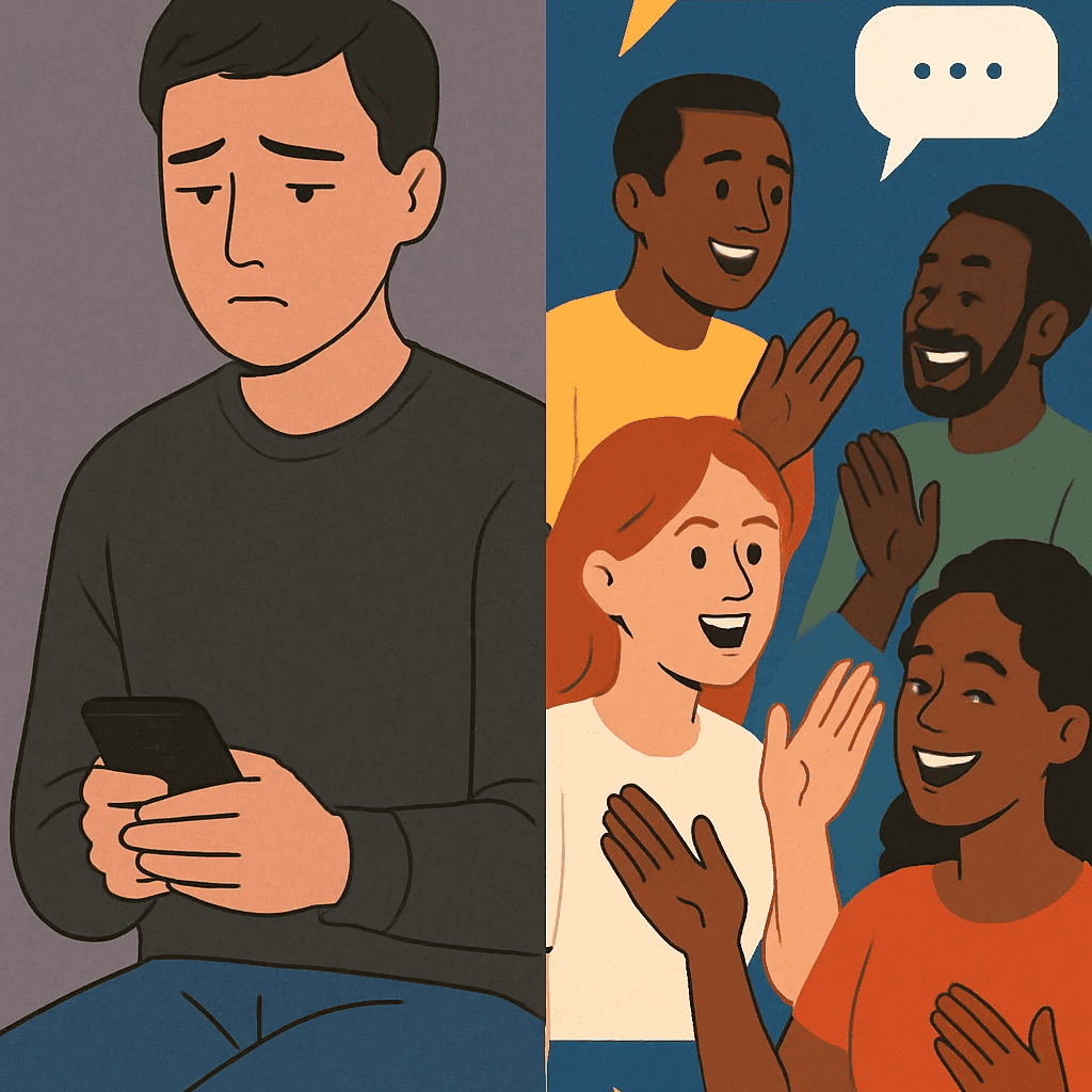 slite image with a person holding a phone and feeling lonely at one side and a group of people happy on the other side