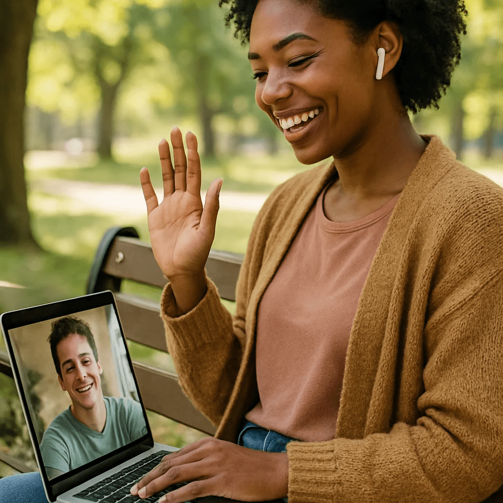A lady smiling while on a video call with another person showing in her laptop screen while sitting in a park