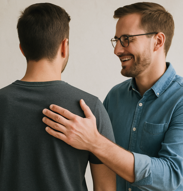 A man patting another man at the back, a supportive gesture.
