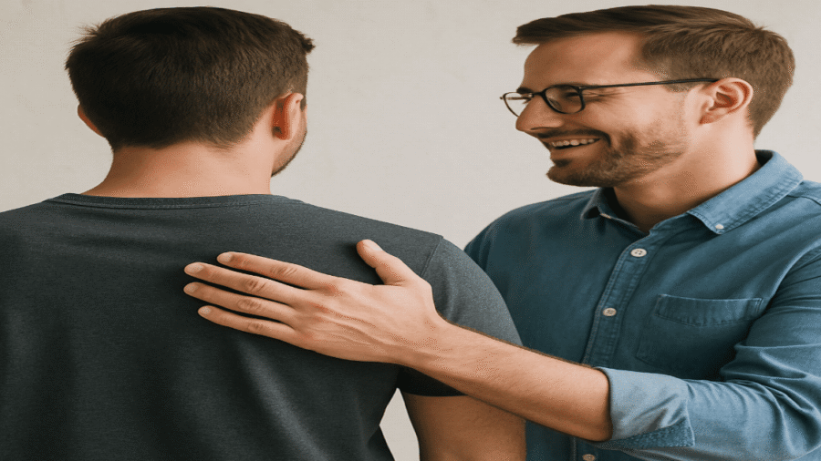 A man patting another man at the back, a supportive gesture.