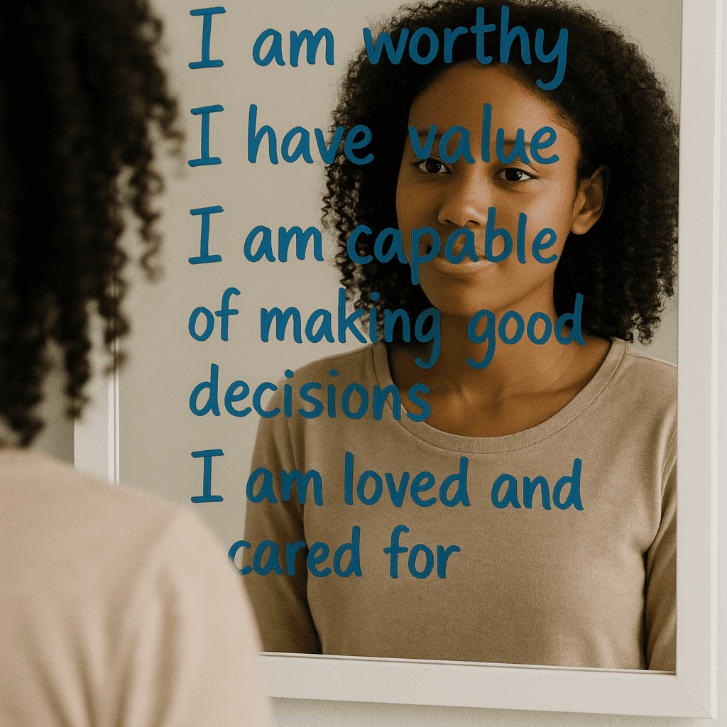 A lady looking at herself in the mirror and words of affirmation written in on the mirror