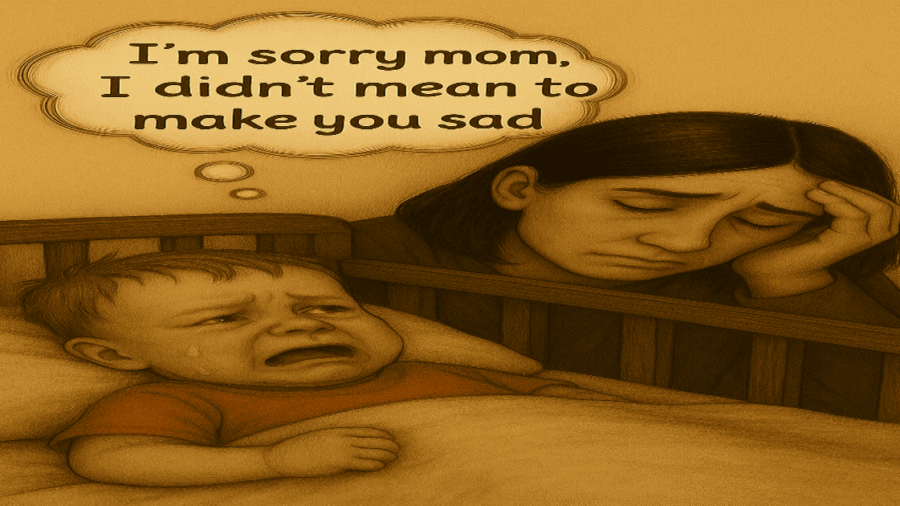 A baby crying by a depressed mom