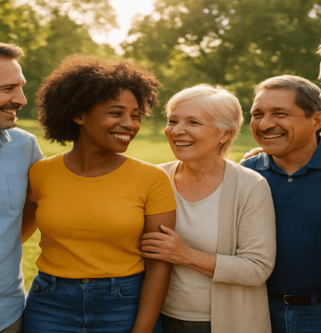 A diverse group of neighbors smiling and interacting warmly in a sunny park setting