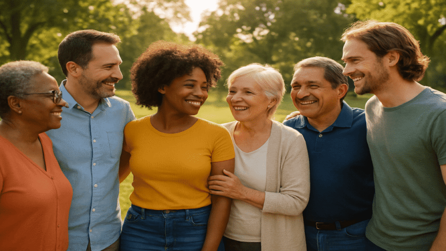 A diverse group of neighbors smiling and interacting warmly in a sunny park setting