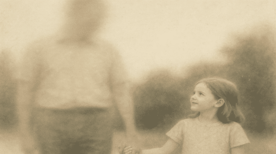A faded photograph of a father and daughter holding hands, with one figure slowly fading or blurred to represent memory loss