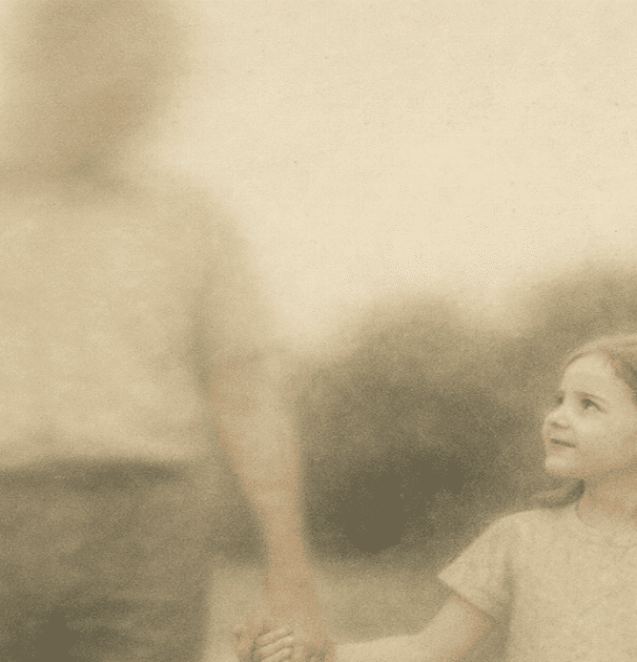 A faded photograph of a father and daughter holding hands, with one figure slowly fading or blurred to represent memory loss