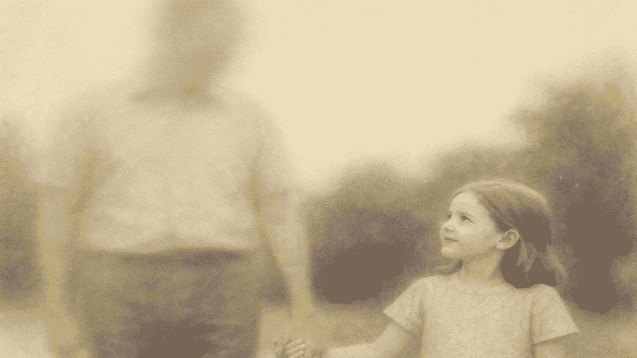 A faded photograph of a father and daughter holding hands, with one figure slowly fading or blurred to represent memory loss