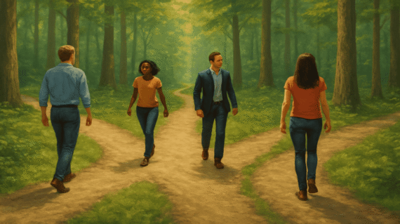 A forked path in a forest with different people walking confidently on their own trails