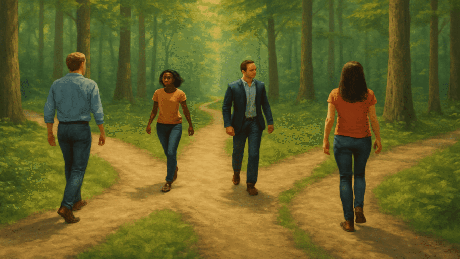 A forked path in a forest with different people walking confidently on their own trails