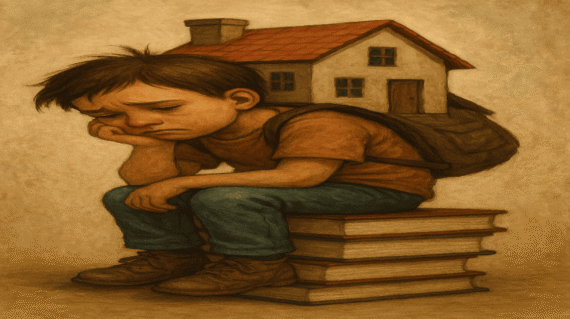 A metaphorical image of a child burdened by the weight of family responsibilities