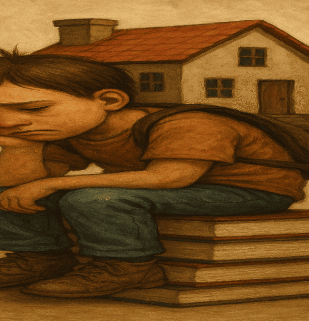 A metaphorical image of a child burdened by the weight of family responsibilities