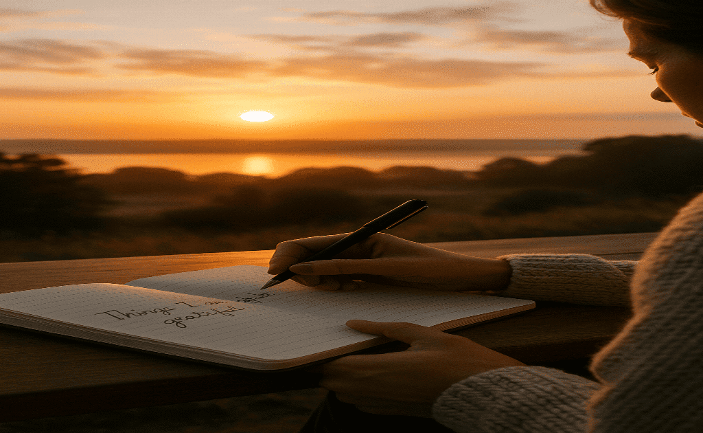 A serene scene of a person writing things they are grateful for in a journal at sunrise , symbolizing reflection and gratitude (1)