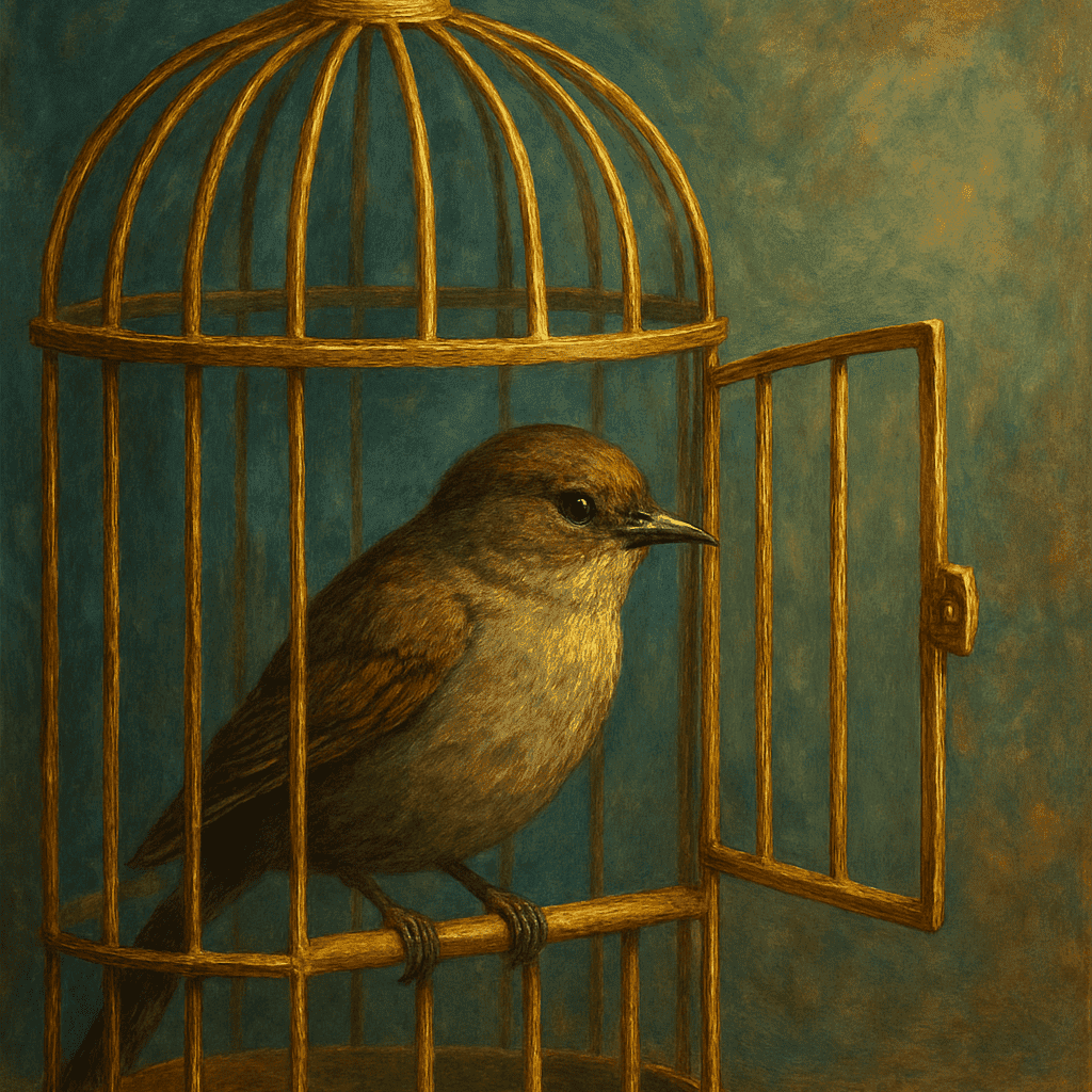 A symbolic image of someone free to choose but emotionally trapped