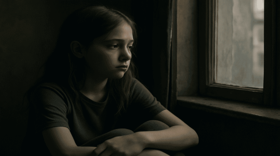 A young girl sitting quietly in a dim room, gazing out a window with distant eyes capturing silent emotional burden