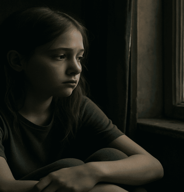 A young girl sitting quietly in a dim room, gazing out a window with distant eyes capturing silent emotional burden