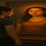 A young woman looking in a mirror, with the reflection showing a more confident and glowing version of herself