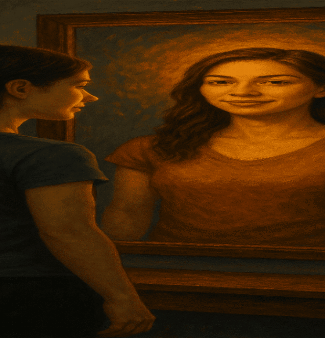 A young woman looking in a mirror, with the reflection showing a more confident and glowing version of herself