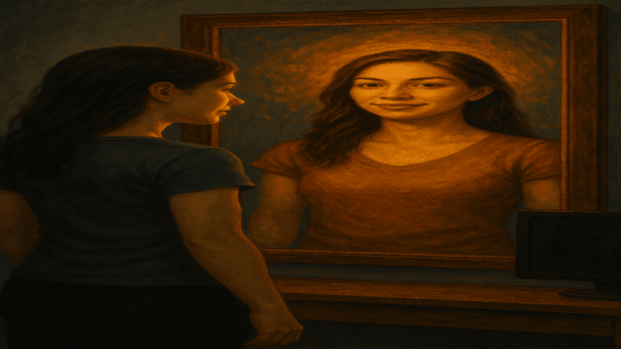 A young woman looking in a mirror, with the reflection showing a more confident and glowing version of herself