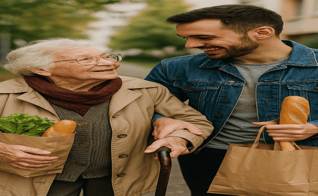 Acts of Kindness Someone helping an elderly person with groceries