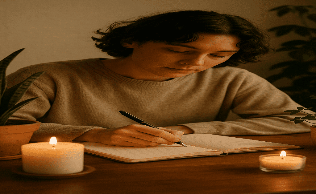 An individual seated at a desk in a peaceful setting, journaling by hand with candles, plants, and warm ambient lighting, representing emotional clarity through expressive writing