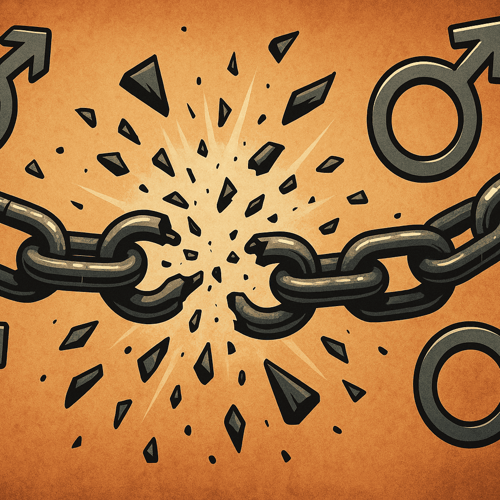 Chains breaking apart with male symbols, representing liberation from restrictive gender norms