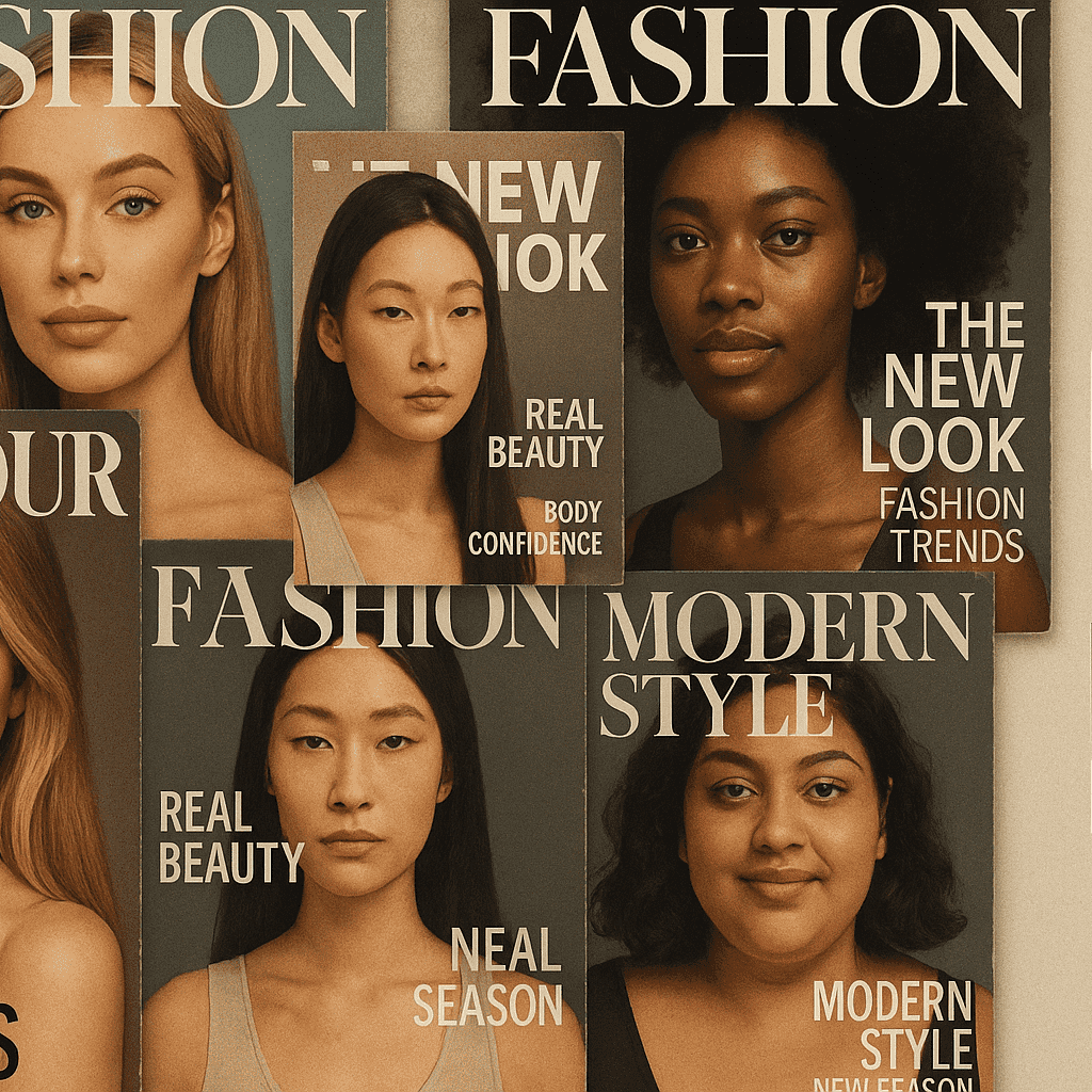 Collage of magazine covers with airbrushed models and ideal bodies