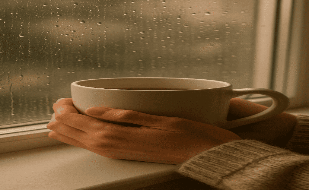 Cozy close-up of hands holding a warm mug near a window with raindrops, with soft lighting and a peaceful atmosphere
