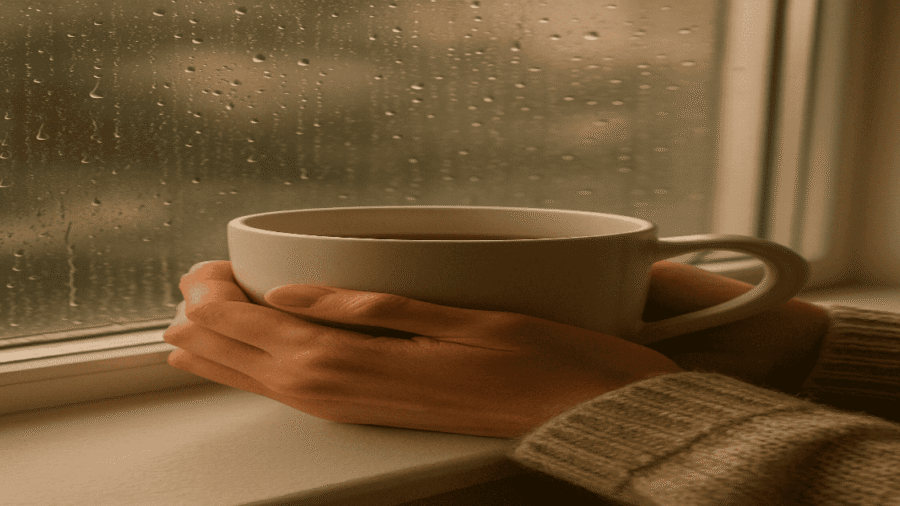 Cozy close-up of hands holding a warm mug near a window with raindrops, with soft lighting and a peaceful atmosphere