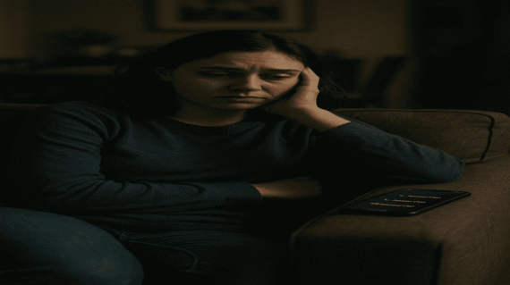 Emotionally drained woman sitting alone after overwhelming social interactions with family and friends