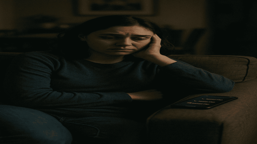 Emotionally drained woman sitting alone after overwhelming social interactions with family and friends