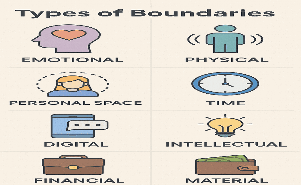 Infographic showing emotional, physical, time, intellectual, digital, personal space , financial and material boundaries with icons
