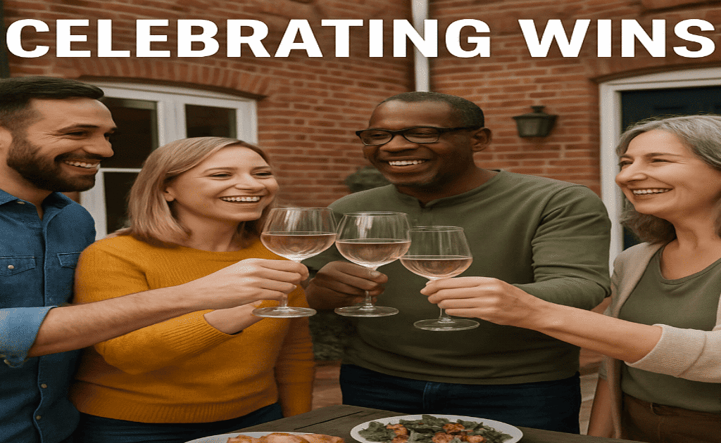 Neighbors clinking glasses at a small gathering to celebtate their wins