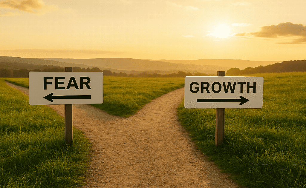 Pathway with forked roads labelled Fear and Growth depicting a visual metaphor for decision-making and mindset shift