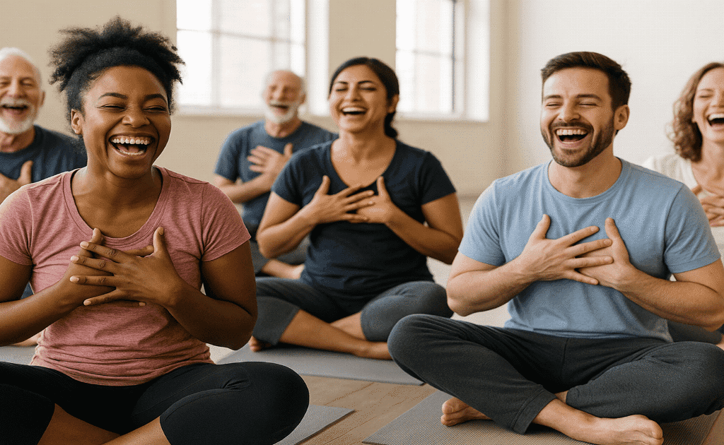 People participating in a laughter yoga class, showcasing the communal joy and health benefits of shared laughter