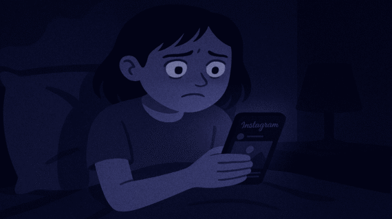 Teenage girl feeling anxious due to social media use at night