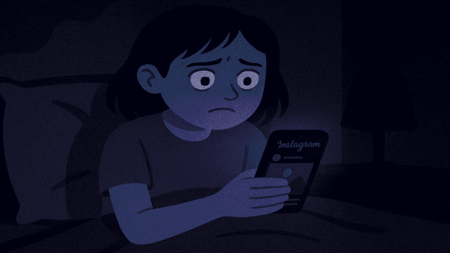 Teenage girl feeling anxious due to social media use at night