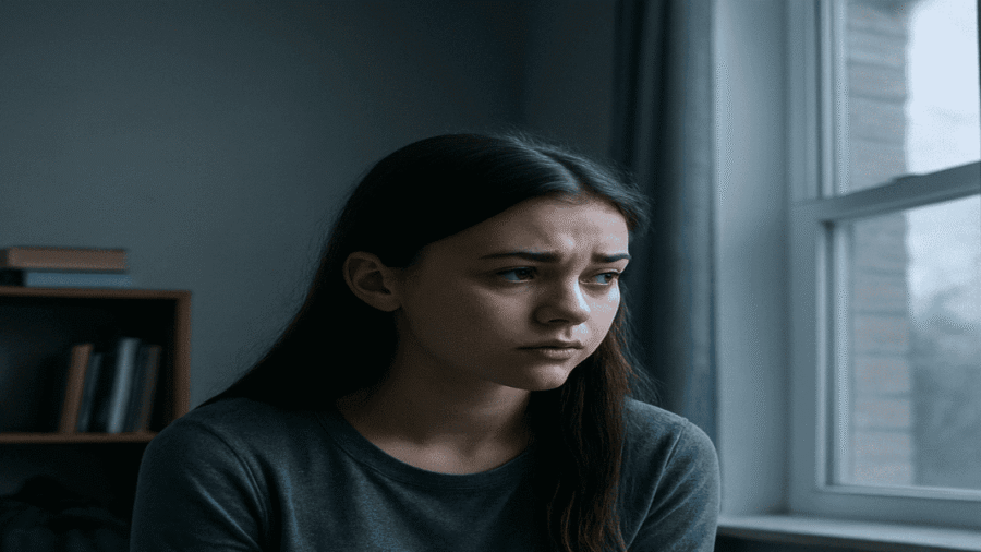 Teenage girl sitting on the edge of her bed, looking worried as she gazes out a window, with her hands clasped in her lap in a dimly lit bedroom