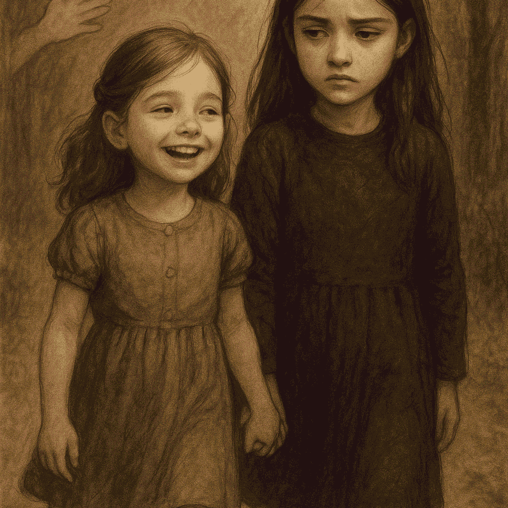 Two sisters walking together, one being praised by a crowd, the other looking unnoticed